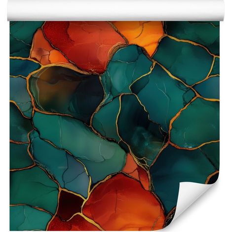 Carta da parati nei toni dell'inchiostro di mare, turchese e rosso per soggiorno e camera da letto, 50x1000 cm. (1/5)