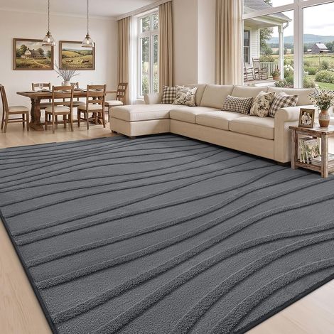 Tapis Salon 60x100cm, Lavable, Peluche Ondulée, Antidérapant, Gris foncé (1/5)