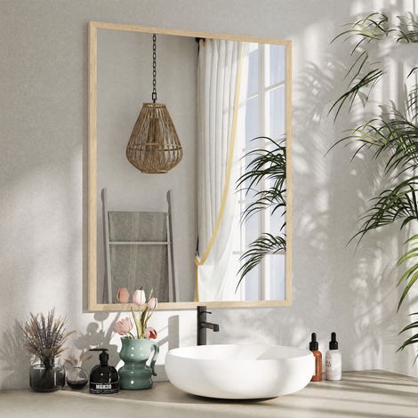 Miroir mural rectangulaire 90 x 70 cm, cadre en bois, idéal pour la salle de bain, salon ou chambre, naturel (1/5)