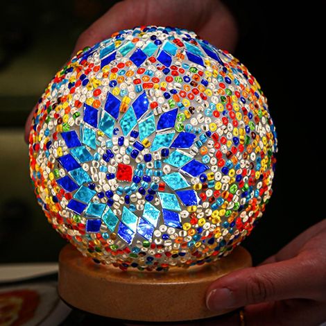 Boho couleur lampe de mosaïque Vintage Retro teintée turc marocain bohème Tiffany côté lit verre coloré fait à la main avec base en bois USB charge décor lumière pour chambre (1/4)