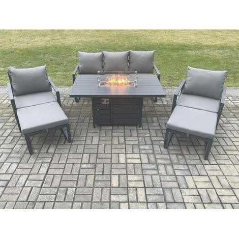 Fimous Aluminium Patio Outdoor Garden Furniture Lounge Sofa Set Gas Fire Pit Dining Table with 2 Big Footstools Dark Grey (1/5)