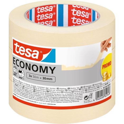 tesa Nastro per Mascheratura ECONOMY EcoLogo - Nastro in Carta per Mascheratura, Rimozione senza Residui per 4 Giorni, senza Solventi - Sottile, 3x 50 m x 30 mm (1/3)