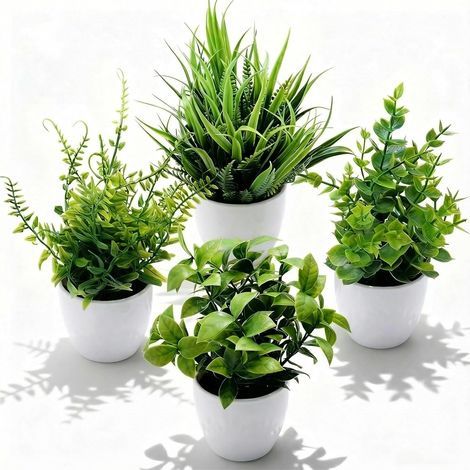 4 Pièce Petite Plante Artificielle Interieur, Plastique Faux Plantes, Pot Verdure Artificielle en Plastique, Adaptées à la Décoration de la Cuisine, de la Chambre à Coucher, Blancs (Blanc) (1/5)