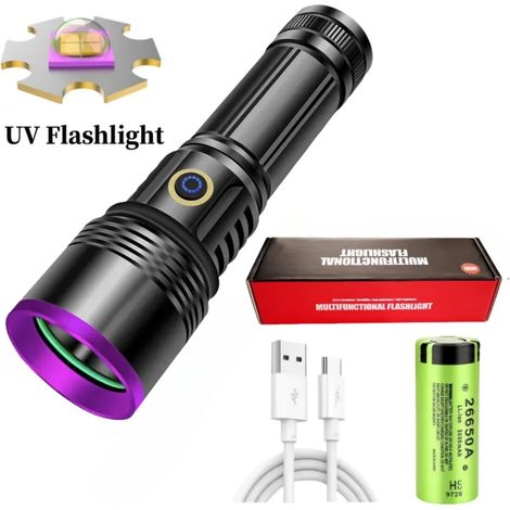Lampe torche UV puissante de 365 nm, étanche, batterie 26650, lumière violette, utilisée pour détecter les taches d'urine d'animaux domestiques. (1/5)