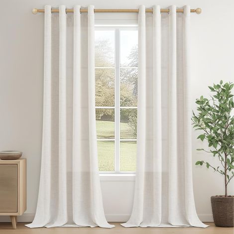 Rideau Voilage Lin Salon 140x250 CM Ivoire Blanc, Lot de 2 Panneaux de Rideaux Voilages Intérieurs Porte Fenetre Rideau Voile Translucide à Oeillets pour Chambre Salle à Manger (1/5)