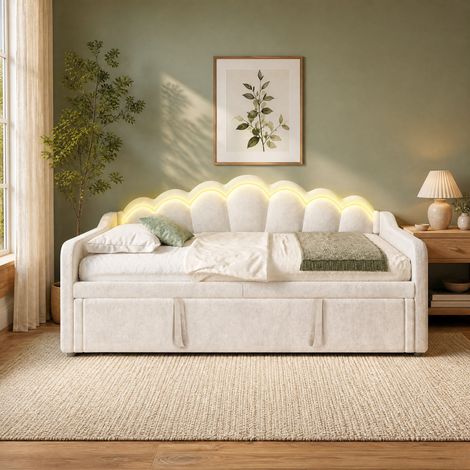 Cama nido 90x200 cm beige de terciopelo con cama extensible y tira LED (1/5)