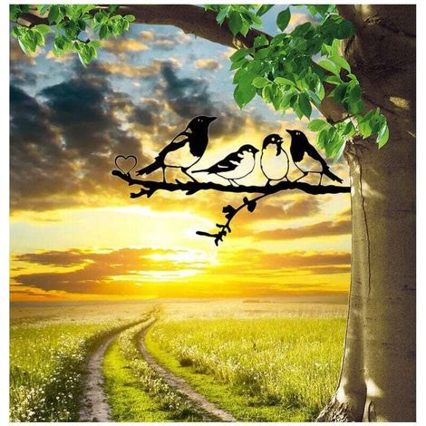 Lot de 2 oiseaux muraux en métal sur une branche,Décoration murale oiseaux en métal,Décoration murale en forme de feuilles avec silhouette d'oiseaux,Décoration jardin ou balcon (1/4)