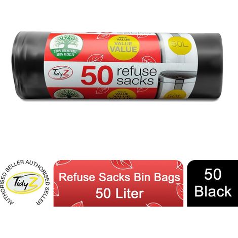 Tidyz Extra Strong 50 Black Refuse Sacks Bin Bags, 50L (1/4)