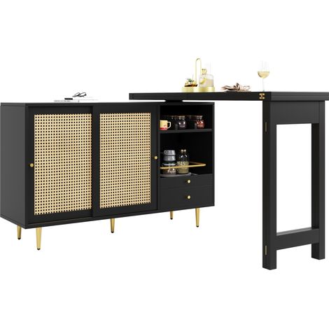 Table bar pivotante 360° extensible avec rangement, façade en résine tressée et tiroirs, meuble buffet noir pour cuisine, salle à manger et salon CHICFURN (1/5)