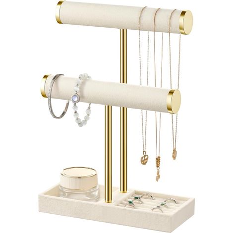 Soporte para joyas de dos niveles color beige, con soporte de terciopelo para pulseras, ideal para joyas y relojes. (1/5)