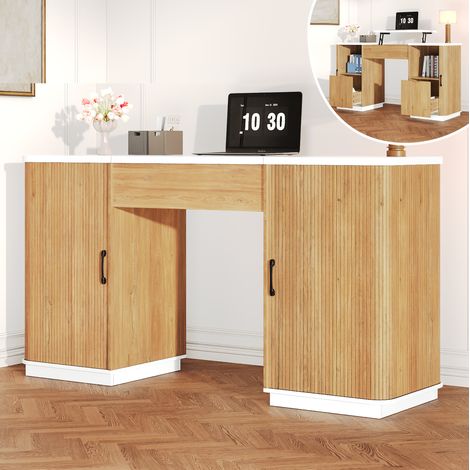 Bureau réglable 140x50x78-92 cm en MDF blanc et chêne, 2 tiroirs, rangement pour bureau – MEUBLIV (1/5)