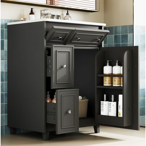 Meuble vasque sur pied 91,5 x 46,5 x 87 cm MDF blanc avec vasque en céramique - CHICFURN (1/5)