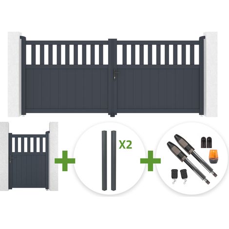 Portail battant SANTIS 3.4m H.140cm aluminium gris + 4 poteaux ELDA + Portillon 1m SANTIS H.140cm aluminium gris + motorisation Tanker B700 (1/5)