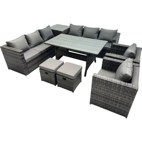 Fimous Outdoor Corner Sofa Chair Dining Table Set Garden Rattan Furniture Set 10 Seater with Side Table 2 Small Stool Dark Grey (1/5)