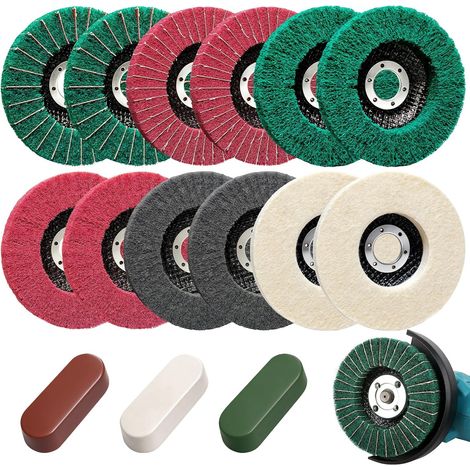 15-teiliges 115-mm-Schleifscheiben- und Polierscheiben-Set – 10 Nylonfaser-Lamellenscheiben, 2 Wollpolierscheiben und 3 Polierpasten für Winkelschleifer, Scheuerscheibe für Metall (22-mm-Aufnahme) (1/5)