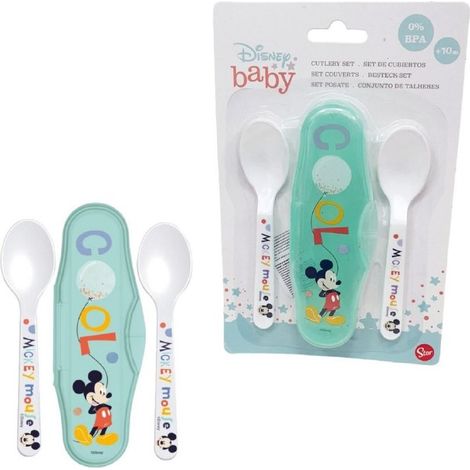 TrAdE Shop Traesio - 2 Cucchiai Per Bambini Prima Pappa Topolino Con Astuccio Mickey Mouse - (1/4)