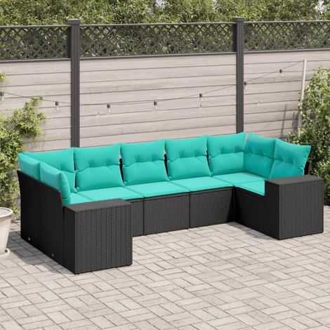 7-teiliges Gartensofa-Set mit Kissen, schwarzes Polyrattan (1/5)