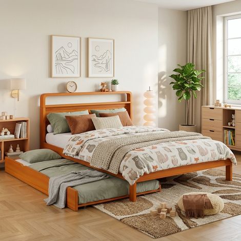 Cama de madera 140x200 cm con cama nido 90x190 cm, cabecero redondeado, color natural DESVIAE (1/5)