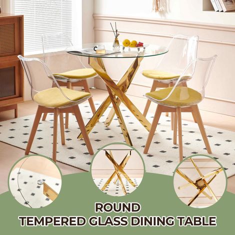 Dining Table with Cross Metal Leg and Tempered Glass, Modern Space-Saving Kitchen Table for Living Room, Chrome Legs, Round Table, golden Legs, 80x80x75cm (1/5)