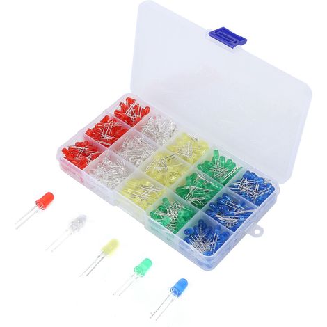 Kit d'assortiment de 500 diodes électroluminescentes (DEL) de 5 mm de couleur, composants électroniques indicateurs (1/5)