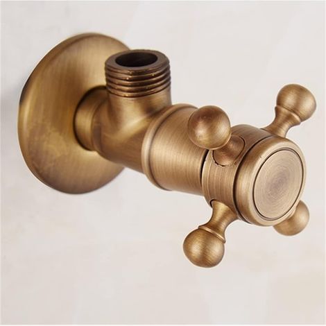Robinetterie d'arrêt d'eau en laiton ancien, poignée croix ronde, vanne de coupure vintage, robinet mural rétro, finition cuivre patiné, Diamètre standard, 1 pièce. (1/4)