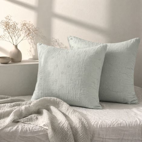 Lot de 2 Taies d’Oreiller 60 x 60 cm – Gaze de Coton Brodée – GAÏA BOHO Eucalyptus