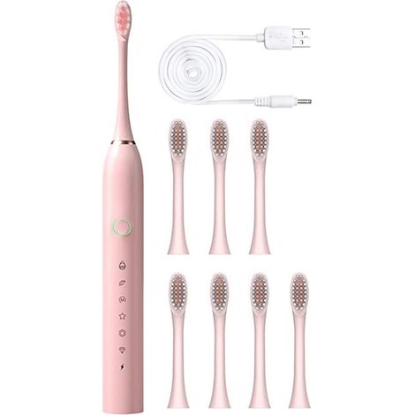 Brosse à dents électrique, 26 x 26 x 7 cm, avec 8 têtes de brosse, minuterie intelligente à 6 vitesses, étanche IPX7, blanche-AquaForge (1/4)