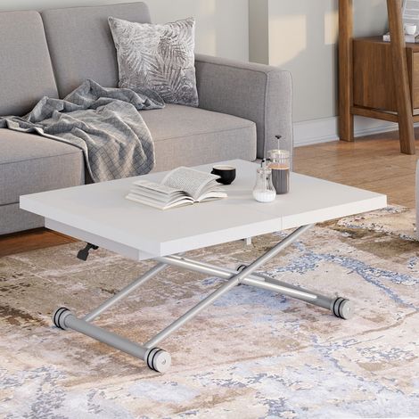 Mesa de centro extensible que se convierte en mesa de comedor rectangular ALTURA 100-160 cm, con tablero blanco y patas cromadas (1/5)