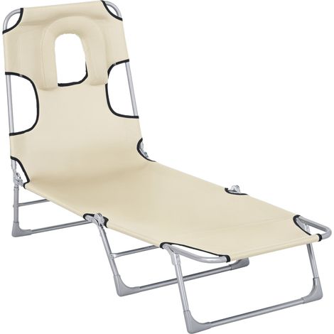Sedia a sdraio da giardino reclinabile e pieghevole in 5 posizioni, con foro per la lettura, poggiatesta e schienale regolabile per la spiaggia, 182x56x28 cm, beige