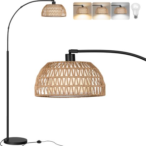 Lampadaire arqué en rotin - 3 températures de couleur - Intensité variable - 9 W - Avec interrupteur à pied - Style bohème - Style maison de campagne - Pour chambre à coucher, bureau - Avec