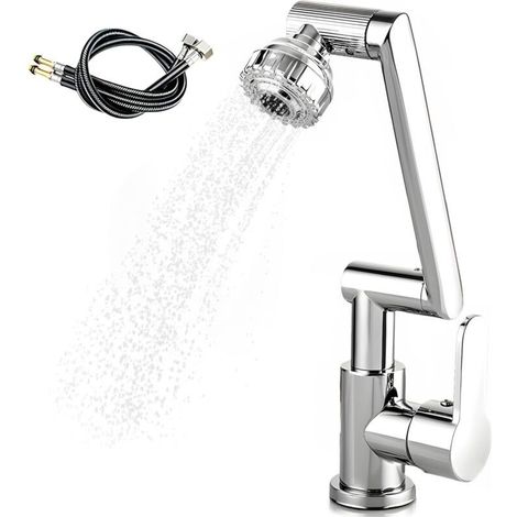 Robinet de cuisine extractible, mitigeur avec régulateur de débit à 1080°, 2 modes de jet, flexible de raccordement eau chaude et froide de 60 cm - Argent (1/4)