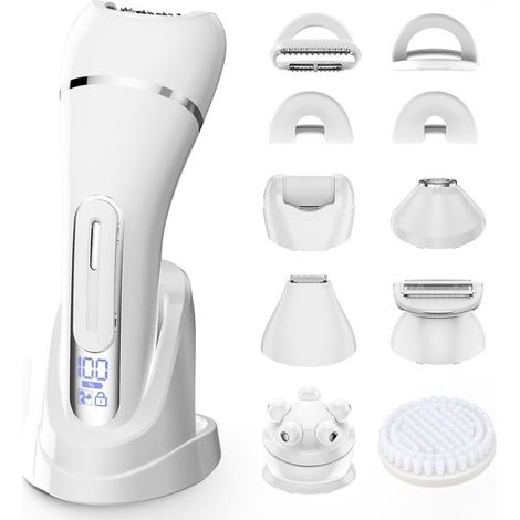 Rasoir électrique 7 en 1 pour femmes (2026) - Tondeuse intégrée - Étanche - Tondeuse douce pour le corps et les zones sensibles - Visage, aisselles, jambes, maillot - Blanc (1/5)