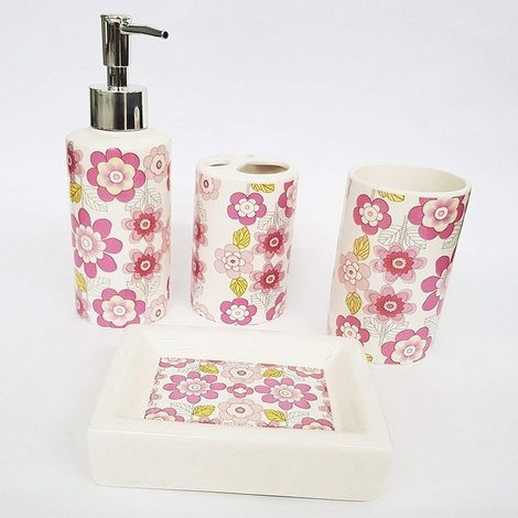TRADE SHOP - Set 4pz Bagno Fiori Rosa Floreale Ceramica Dispenser Sapone Porta Saponetta Bicchiere Spazzolini -