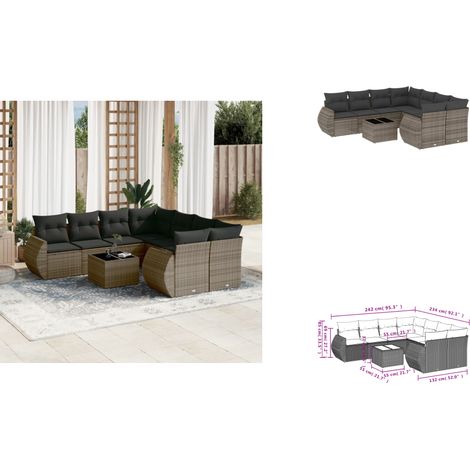 9-tlg. Garten-Sofagarnitur mit Kissen Grau Poly Rattan - Gartenmöbel Set - PE-Rattan Möbel - Outdoor Lounge - Esstisch - Gartenstuhl (1/3)