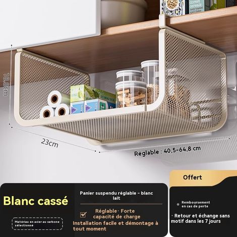 Panier Suspendu Extensible pour Placard de Cuisine, Organisateur Sous Étagère en Acier au Carbone, Crème, 40.5-64.8cm Réglable (1/5)