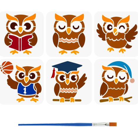 6 Styles Pochoirs à Motifs de Hibou Avec Un Pinceau 15x15cm Pochoirs de Peinture de Hibou Dessin Animé Pochoir Dessin Silhouette Hibous Modèle Thèmes Animaux Pet pour Carreaux Sol Bois (1/5)