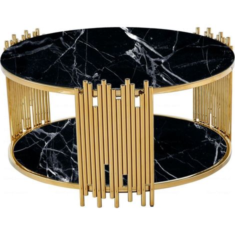 Table Basse ronde STICK Gold et plateau en verre MARBRE NOIR D90 H45 cm (1/2)