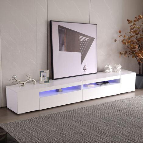 VIYET Meuble TV 240 cm blanc avec éclairage LED variable – MDF – 2 portes et 2 tiroirs – Pour salon et salle à manger (1/5)
