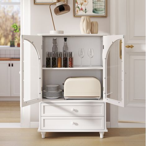Buffet vitrine blanc à 2 portes en verre trempé et 2 tiroirs, 71 x 38 x 106,5 cm OKMYHOME (1/5)