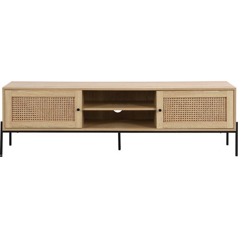 Meuble TV 2 portes en cannage naturel et effet chêne 160 cm - Iris (1/5)