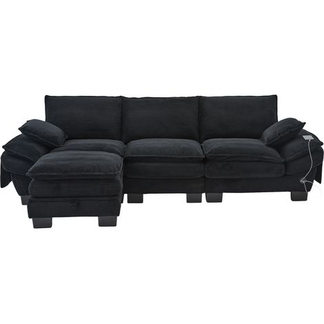 Canapé modulaire 3 places en velours côtelé avec pouf, design ergonomique, rembourrage en mousse haute densité, USB-C, coloris noir (1/5)