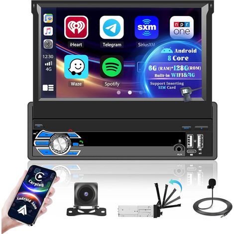 8core/6G+128G/Android 15 Autoradio 1 DIN avec DSP Carplay Android Auto sans Fil, 7 Pouces Écran Rétractable Autoradio Bluetooth avec WiFi GPS AM/FM/RDS Double USB SWC + MIC + Caméra de Recul (1/5)