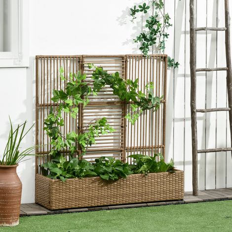 Support pour plantes avec treillis rectangulaire bac inférieur en résine tressée et acier dim. 103L x 29l x 103H cm(Ha)