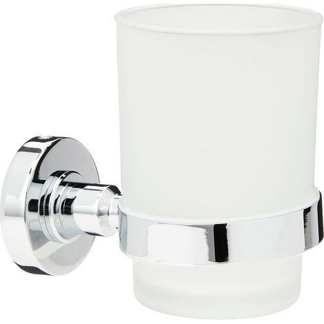 Gobelet Verre à dent Porte Brosse à dent pour Salle de Bain Rond Fixation Mur Finition Blanc et Chrome (1/5)