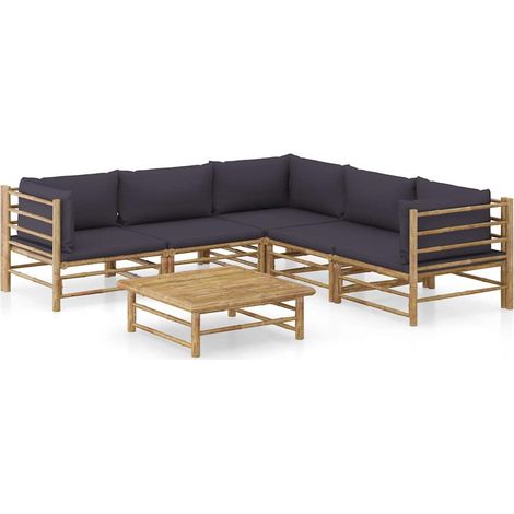 Salon de jardin 6 pcs Ensemble Table et Chaise de Jardin - avec coussins gris foncé Bambou BV946016 - BonneVie (1/5)
