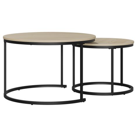 Ensemble de deux tables basses gigognes  finition chêne  tables rondes  structures métalliques  style moderne  convient pour le salon, la chambre ou le balcon.
