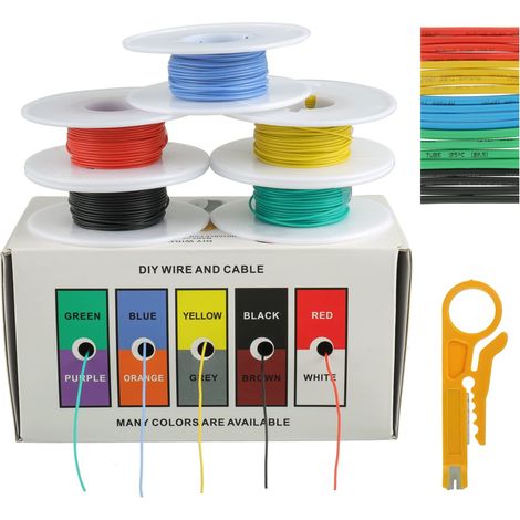 Kit Câbles en Silicone 30 AWG Kit de Fil électrique Toronné en Cuivre étamé 300 V Avec 20φ2mm Tubes (5 Couleurs, 10Meter Chacun, 30 AWG) Flexible et Doux Pour DIY (1/5)