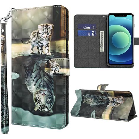 Coque pour A15 6.4 Pouces, 3D Patterned Shockproof Cover, Magnetic Closure Flap with [Card Slots] Wallet Design for A15 Leather Case - Chats et Tigres (1/5)