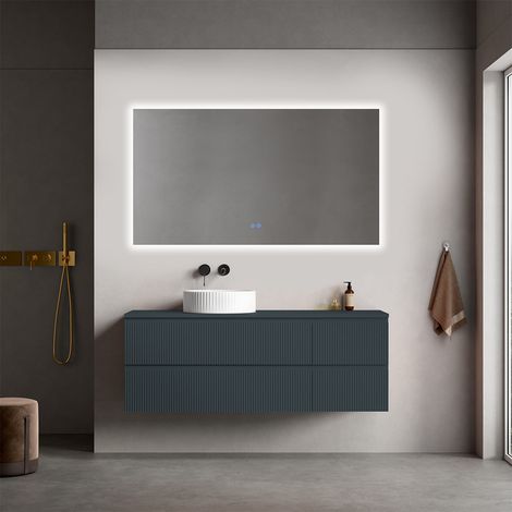 Mobile bagno sospeso cannettato reversibile 140 cm Blu Mare per Lavabo d'appoggio Specchio Quadro Retroilluminato - Fiji Paint Top Canneté (1/4)