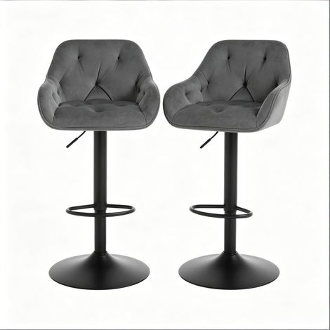 Lot de 2 chaises de bar réglables en velours gris foncé avec dossier, hauteur assise 62,5-84 cm (1/5)
